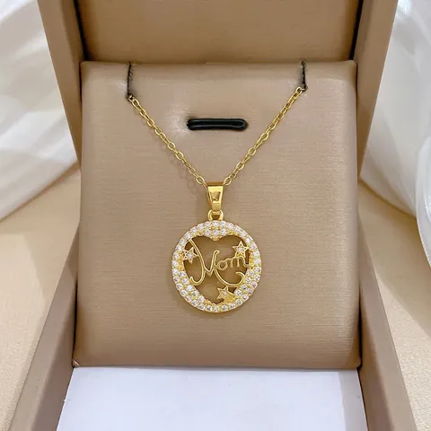 Mom Anhänger Halskette Edelstahl Kette Kupfer Zirkon Rund Hohl Sterne Design Elegant Geschenk Für Damen Mode