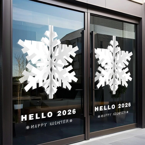 Christmas Snowflake Window Stickers PVC Static Cling 3D Visual Winter Glass Door Decals Hello 2026 Happy Winter Decor