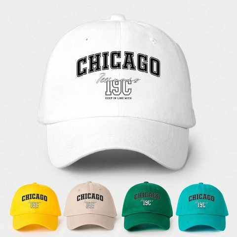 Chicago Letterprint Honkbalpet Polyester Verstelbaar Gebogen Rand Retro Zonbescherming Outdoor Sportpet