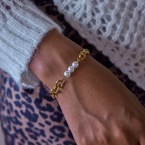 Bracciale In Acciaio Inossidabile Placcato Oro 18K Vintage Con Künstliche Perle Bianche E Pendente A Fiocco Gioiello Elegante Donna