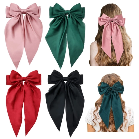 Large Satin Bow Hair Clip With Long Ribbons Vintage Elegant French Barrette Hair Bows For Women Girls Hair Accessories