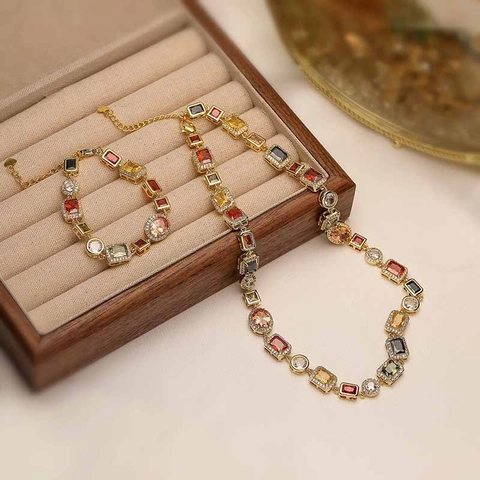 Ensemble de Bijoux Vintage Luxe Léger Géométrique en Cuivre Zirconia Arc-en-ciel Collier Bracelet pour Femme Cadeau Élégant Fête d'Anniversaire