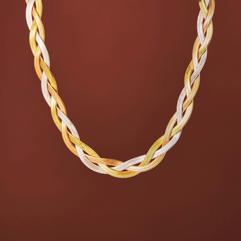 Triple Strand Braided Herringbone Flat Snake Chain Necklace For Women 18K Gold Plated Titanium Stainless Steel Tricolor