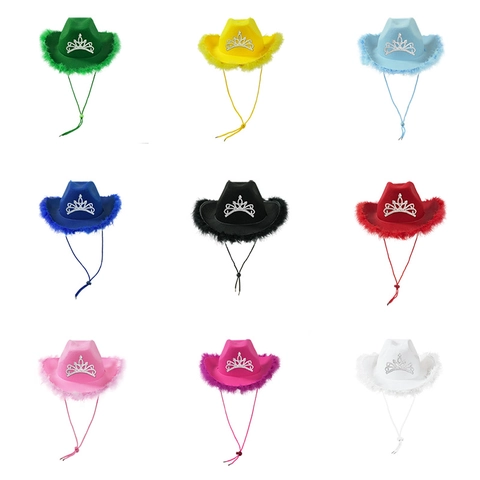 Western Cowboy Hat Polyester Felt Rhinestone Tiara Crown Feather Trim Adjustable Strap Party Carnival Cosplay Princess Style