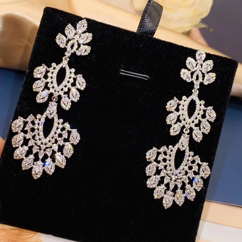 Luxury Hollow Flower Chandelier Dangle Earrings With Zircon And 925 Sterling Silver Earring Post For Wedding Elegant Women