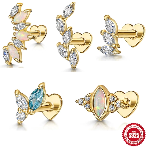 Marquise Zirconia Opal Earring Studs Gold Plated 925 Sterling Silver Heart Flat Back Cartilage Piercing Jewelry