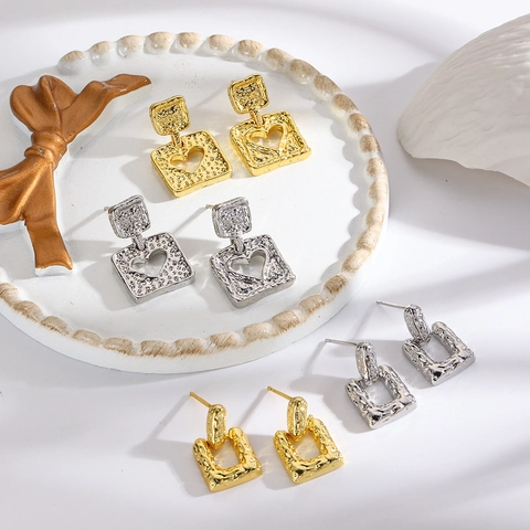 Orecchini a Cuore in Rame Martellato Vintage per Donna Orecchini a Pendente Geometrici Quadrati Rettangolari Placcati Oro Argento 18k