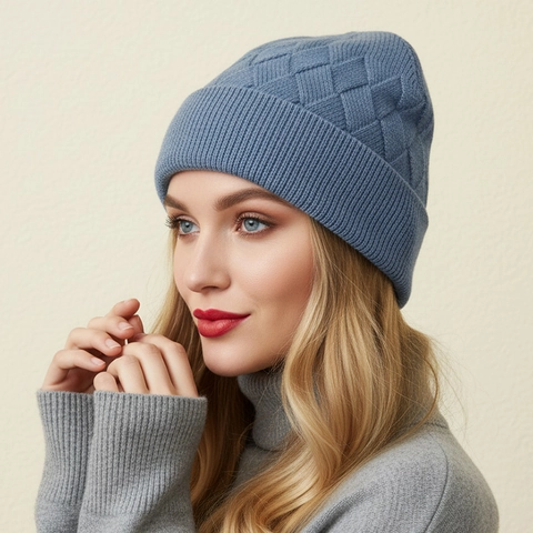 Diamond Knit Beanie Hat Thickened Warm Winter Outdoor Solid Color Unisex Soft Ribbed Skull Cap