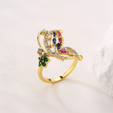 Verstellbarer Offener Ring Goldvergoldetes Kupfer Bunte Zirkonia Schmetterling Blatt Geometrisches Design Modeschmuck Damen