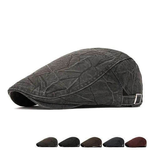 British Style Newsboy Cap Retro Washed Cotton Flat Cap For Men Adjustable Herringbone Plaid Beret Hat Vintage Accessories