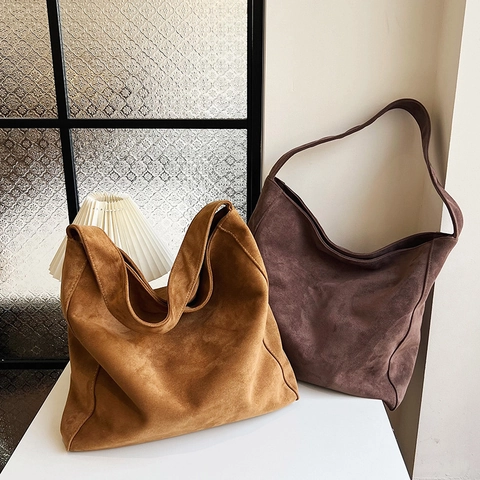 Minimalist Large Capacity Hobo Bag Suede Fabric Retro Solid Color Shoulder Tote Handbag For Women Commuting