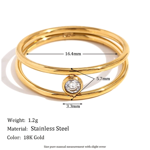 Double Layer Ring 18K Gold Plated Stainless Steel Cubic Zirconia Minimalist Geometric Elegant Jewelry For Women