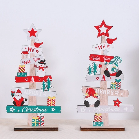 Wooden Christmas Desktop Ornament Merry Christmas Letter Sign Tree Shape Gnome Santa Snowman Holiday Table Decoration
