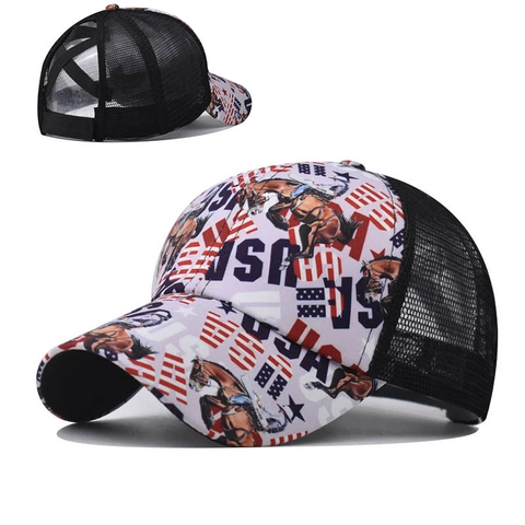 Berretto Da Baseball Con Coda Di Cavallo Da Donna Mesh Incrociato Trucker Hat Bandiera USA Stampa Cavallo Cotone Regolabile