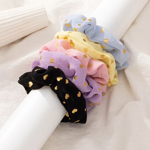 Haargummi Mit Goldenem Herzmuster Chiffon Elastische Haarbänder Koreanischer Stil Süße Haaraccessoires Für Damen