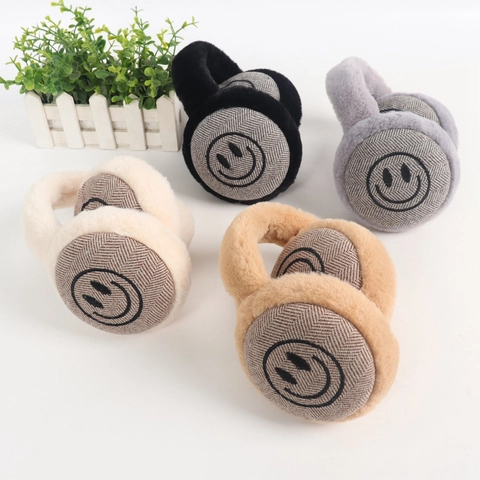 Kids Winter Plush Earmuffs Warming Foldable Ear Protectors With Smile Face Embroidery Herringbone Pattern Outdoor Windproof Earmuffs