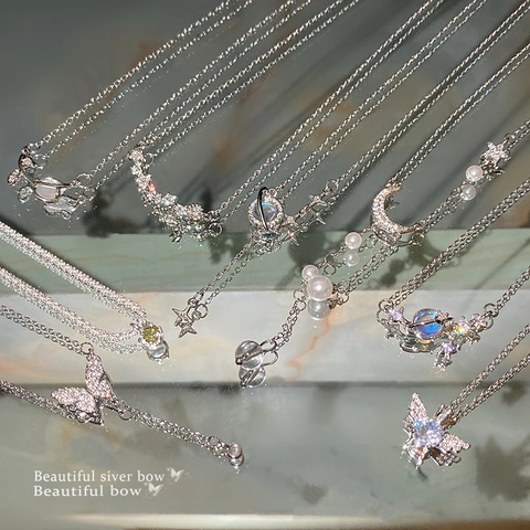 Mode Ketting Vlinder Hart Planeet Hanger Koper Titanium Staal Strass Imitatie Kunstparel Verstelbare Sleutelbeenhanger Voor Dames