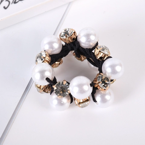 Elegant Artificial Pearl Rhinestone Hair Ties Handmade Woven Crystal Beaded Ponytail Holders Elastic Hair Ropes For Women