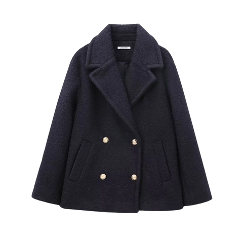 Women Boucle Wool Blend Coat Elegant Lapel Jacket With Gold Buttons Loose Fit Autumn Winter Warm Outerwear