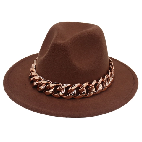 Fedora Hat Wide Brim Felt Jazz Cap With Thick Chunky Metal Chain Decor Fashion Western Style For Women Men