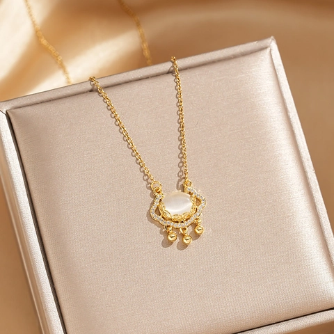 Collana Con Ciondolo A Lucchetto Ruyi Tradizionale Acciaio Al Titanio Rame Con Zirconi E Occhio Di Gato Gioiello Fortuna