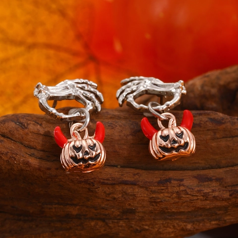 Halloween Skeleton Hand Pumpkin Stud Earrings Gothic Devil Horn Pumpkin Head Alloy Earrings Holiday Party Jewelry For Women