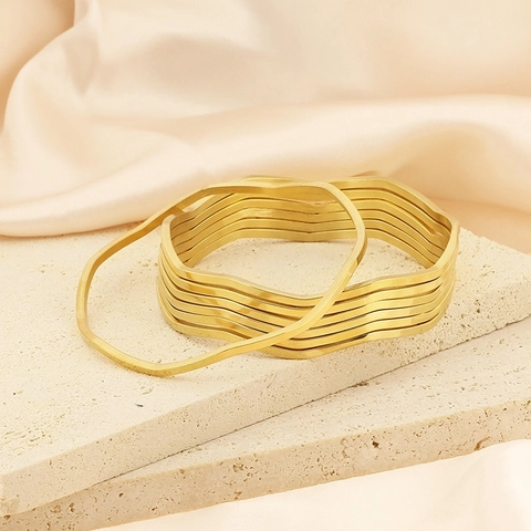 Brazaletes Apilables Ondulados Acero Inoxidable Línea Irregular Minimalista Elegante Joyería Chapada En Oro Para Mujer