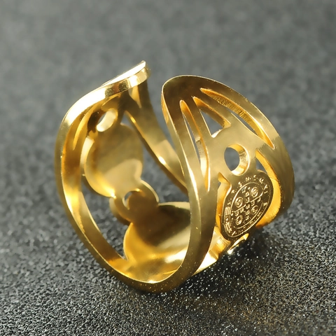 Anillo Medalla San Benito Acero Inoxidable Circonita Hueco Ajustable Ancho Joyería Religiosa Vintage
