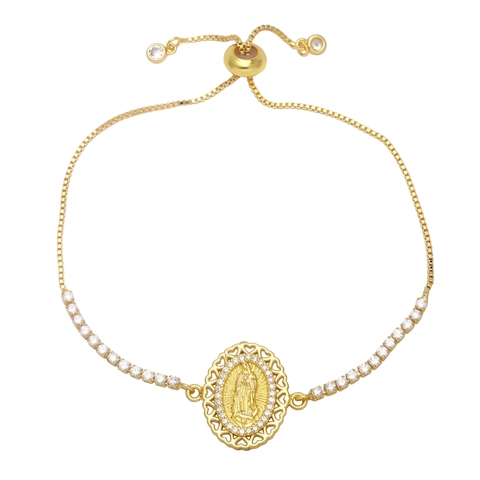 Bracciale Vergine Maria San Benedetto Rame Placcato Oro Zirconia Cubica Colorata Chiusura Scorrevole Gioielli Donna