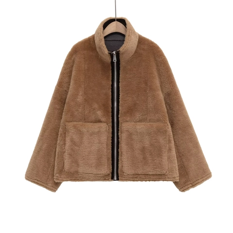 Chaqueta De Piel Sintética Para Mujer Cuello Alto Abrigo De Forro Polar Sherpa Cálido Manga Larga Cremallera Color Sólido