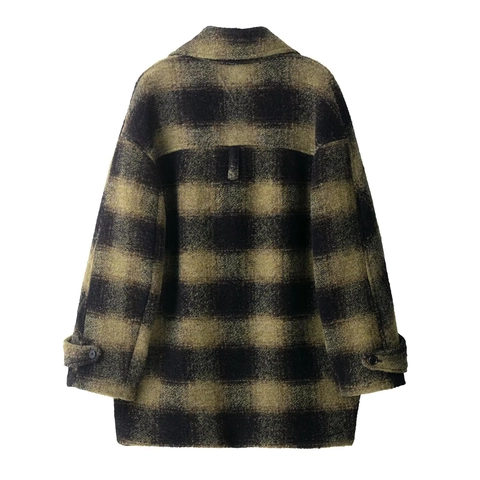 Women Plaid Long Coat Polyester Woolen Texture Checkered Jacket Lapel Button Up Elegant Casual Streetwear Outerwear