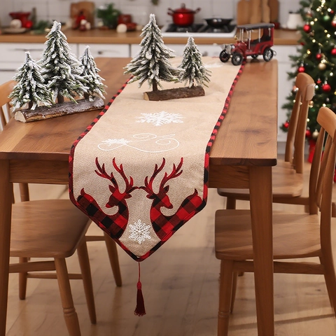 Runner Da Tavola Natale Iuta Renna Ricamata Quadri Buffalo Con Nappe Decorazione Festiva