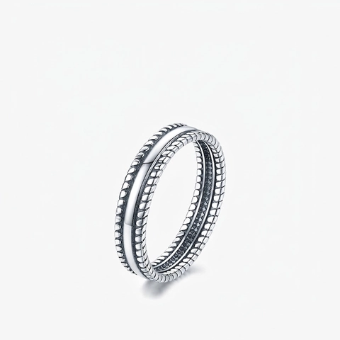 Vintage 925 Sterling Silver Ring Oxidized Twist Texture Smooth Center Band Stackable Geometric Retro Jewelry For Women