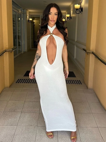 Halter Neck Cut Out Maxi Dress White Knitted Ribbed Backless With Shell Metal Buckle Sexy Bodycon Long Dress For Women