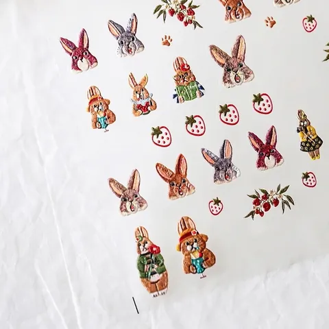 5D Geprägt Nagelkunst Aufkleber Stickerei Hase Blume Design Süßer Cartoon Maniküre Abziehbilder DIY Dekoration