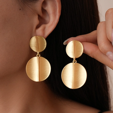 Geometric Round Dangle Earrings Alloy Brushed Metal With 925 Sterling Silver Earring Post Retro Minimalist Style For Women