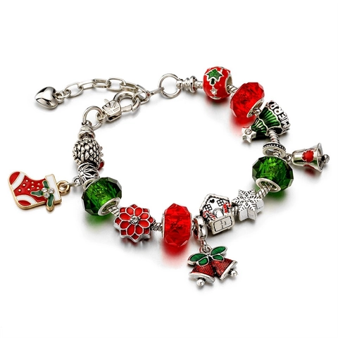 Bracelet À Breloques De Noël Alliage Perles En Verre Chaîne Serpent Bijoux De Fête Émail Bonhomme De Neige Flocon De Neige