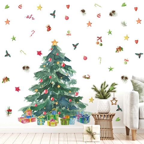 Weihnachtsbaum Wandaufkleber Aquarell PVC Feiertagsdeko Selbstklebende Wandtattoos Für Wohnzimmer