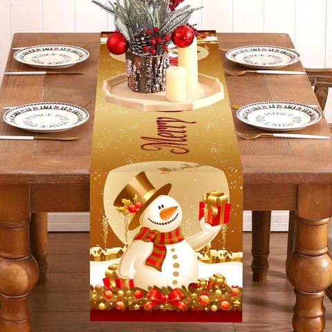 Christmas Table Runner Polyester Snowman Gift Box Pattern Gold Red Holiday Dining Party Table Decor