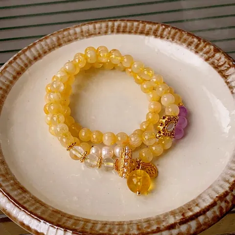 Meerlaagse Kralenarmband Met Lichtgeel Kristal Kunstparel Zirkoon Koperen Gelukshanger Nieuwe Chinese Stijl Voor Dames