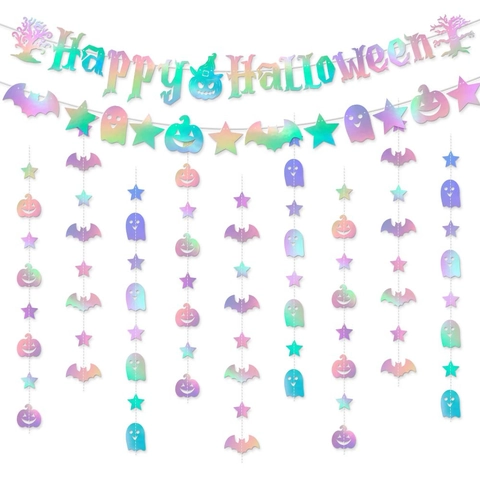 Banner Halloween Ghirlanda Carta Olografica Iridescente Insegna Sospesa Happy Halloween Pipistrello Zucca Decorazione Festa