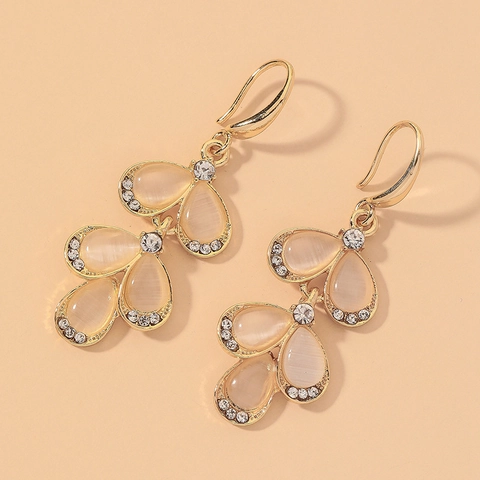 Cat Eye Stone Leaf Dangle Hook Earrings Alloy Gold Plated Rhinestone Accents Elegant Jewelry For Women Fashion Niche