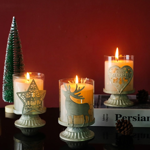 Christmas Candle Holder Glass Metal Reindeer Tree Star Heart Vintage Distressed Desktop Ornament Holiday Decor
