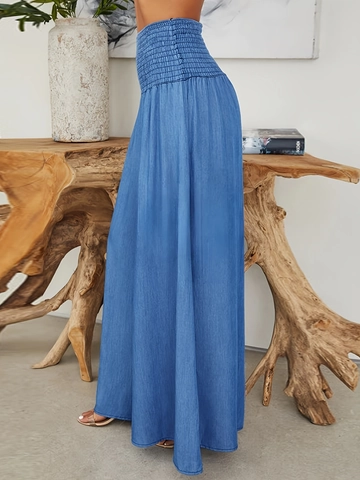 Women High Waist Wide Leg Pants Smocked Elastic Waistband Solid Color Polyester Spandex Casual Full Length Trousers