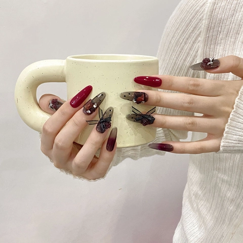 Handgefertigte Press On Nägel 3D Harz Blume Spitze Schleife Strass Polka Dot Lange Stiletto Dunkelrot Grau Gradient Lila
