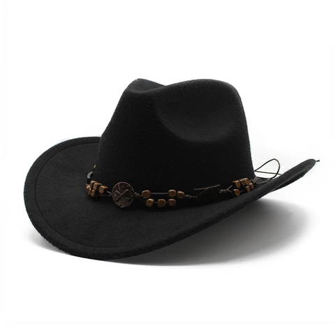 Western Cowboy Hut Filz Wollimitat Ethno Dekorband Holzperlen Breiter Rand Retro Outdoor Fedora Für Damen Herren