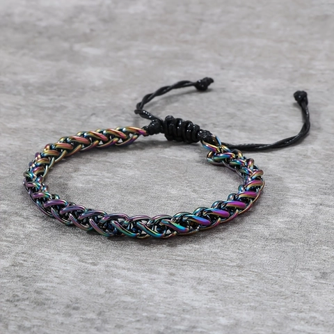 Rainbow Iridescent Stainless Steel Bracelet For Men Women Adjustable Cuban Wheat Chain Fashion Jewelry