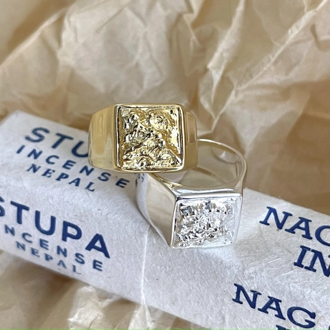 Lava Texture Signet Ring 925 Sterling Silver Square Face Vintage Industrial Style Adjustable Open Band For Women And Men