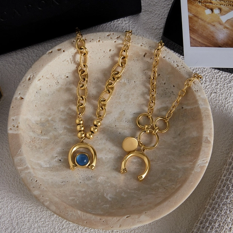 Bracelet Pendentif Fer À Cheval En Acier Inoxydable Plqué Or 18K Résine Bleue Bijoux Pour Femmes Style Équestre