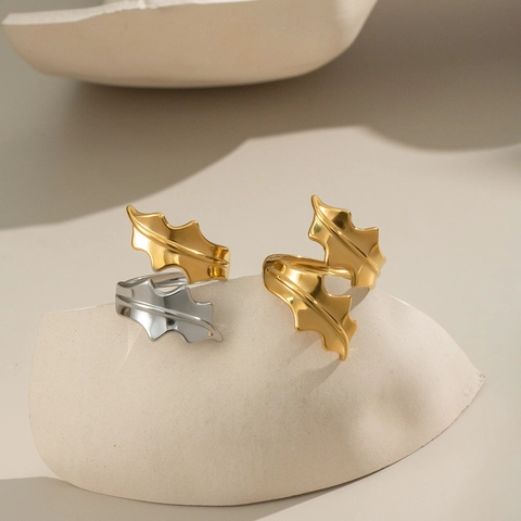 Seaweed Leaf Open Ring Stainless Steel Waterproof Hypoallergenic Adjustable Geometric Minimalist Jewelry For Women